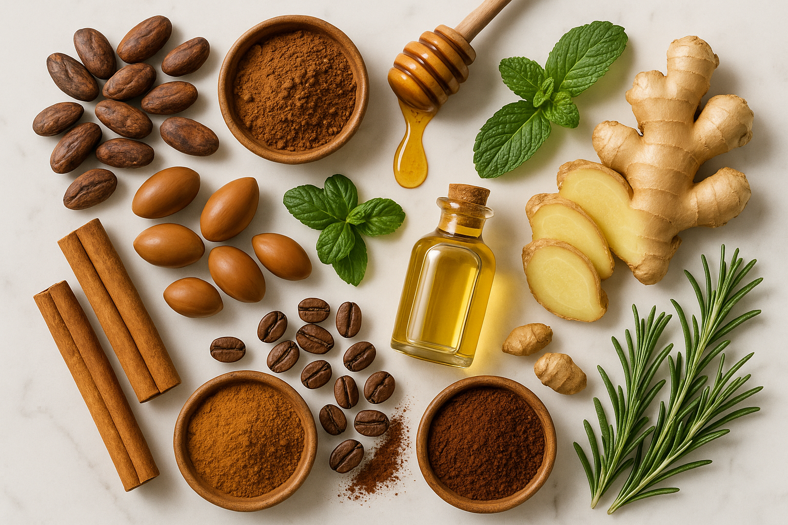 iMAGEN DONDE SE MUESTRE UNA MEZCLA DE INGREDIENTES NATURALES COMO EL CACAO, MIEL, ARGAN, CANELA, CAFÉ, MENTA, JENGIBRE, ROMERO